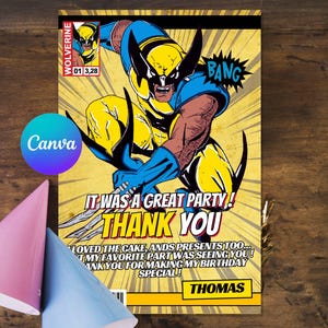 Carte de remerciement Wolverine Modèle modifiable Canva Imprimable en téléchargement immédiat Thème d'anniversaire Wolverine numérique Canva