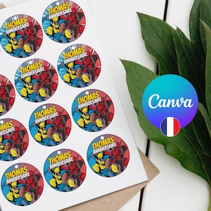 May include: Twelve round stickers with a cartoon superhero character and the text "Thomas Anniversaire" on each sticker. The stickers are printed on white paper.