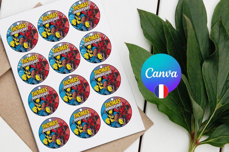 May include: Twelve round stickers with a cartoon superhero character and the text "Thomas Anniversaire" on each sticker. The stickers are printed on white paper.