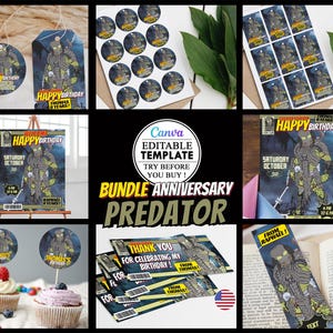 May include: A collection of Predator-themed birthday party supplies. Includes invitations, stickers, cupcake toppers, and a bookmark. The designs feature the Predator character with the text "Happy Birthday" and "Thomas 8 Years".