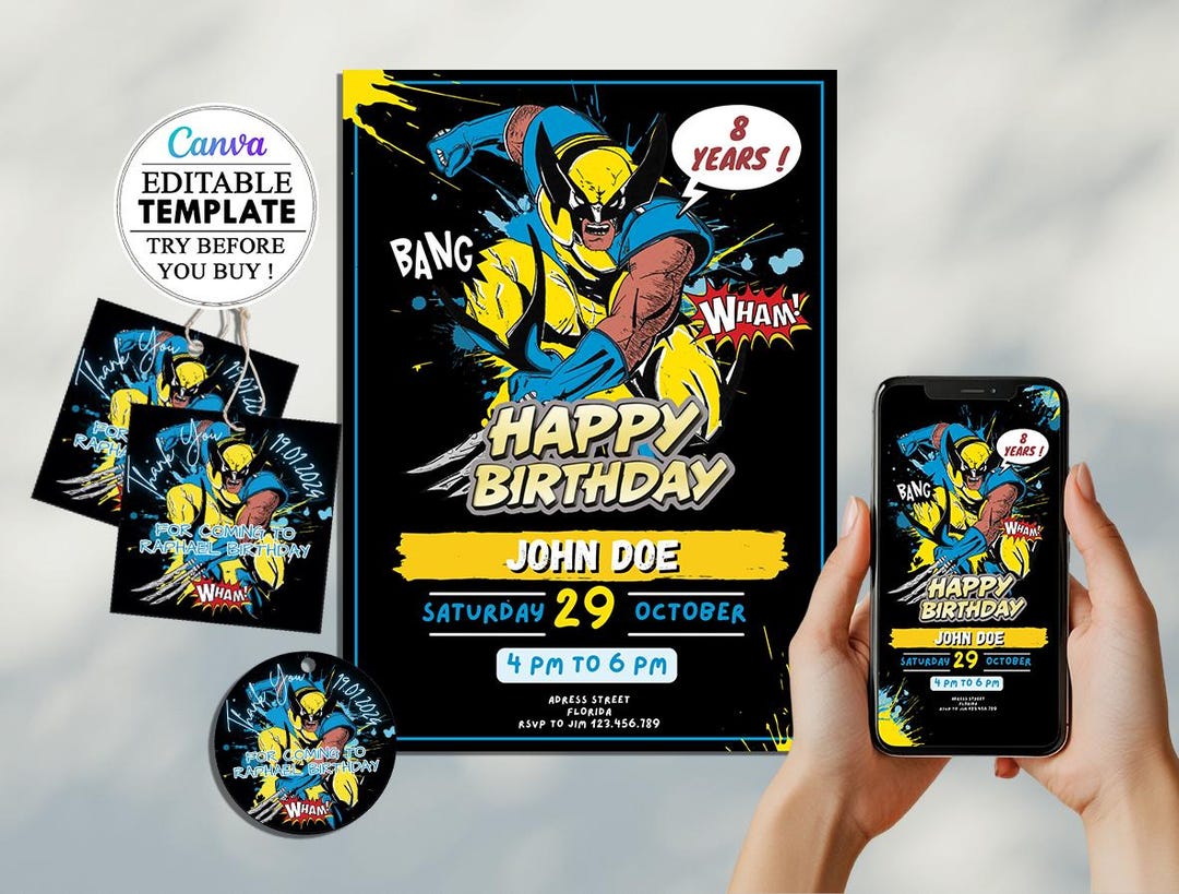 Editable Wolverine Kids Birthday Invitation Template, Superhero ...