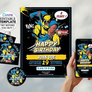 Modèle modifiable invitation anniversaire enfants Wolverine, carte invitation de super-héros téléchargement immédiat Canva Wolverine ASTS02