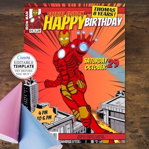 Cartão de aniversário de quadrinhos do Homem de Ferro, convite de cartão de aniversário infantil editável em canva, download digital, festa de aniversário