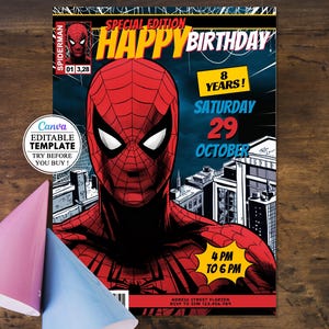 Biglietto di auguri per il compleanno dei bambini di Spiderman, biglietto di invito per la festa di compleanno dei bambini modificabile su Canva, download digitale di Spiderman