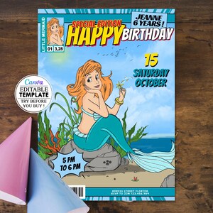 Faire-part d'anniversaire modifiable de la petite sirène, carte invitation de fête de petite sirène, princesse de sirène d'invitation canva