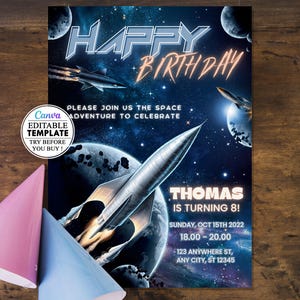 Biglietto di auguri di compleanno spaziale, invito per festa di compleanno per bambini su tela modificabile, download digitale, festa di compleanno