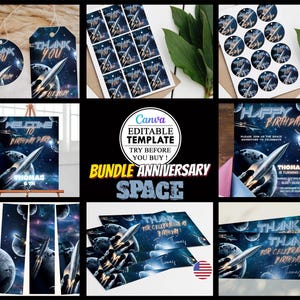 Pack Anniversaire Espace, invitation carte fête d'anniversaire d'enfants modifiable canva, téléchargement numérique, fête anniversaire canva