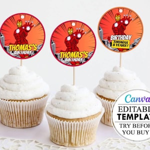 Modello di decorazione per cupcake Iron Man modificabile su tela, Cupcake stampabile modificabile su tela Iron Man, Etichetta di compleanno per bambini Iron Man