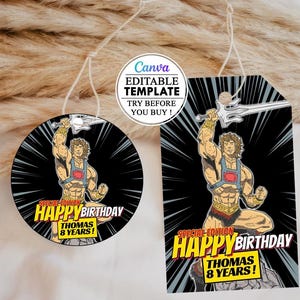 Round Favor Tag Template, He-Man Round Tag, He-Man Square Tag, Editable, Instant Digital Download, Canva, tag template birthday kids he-man