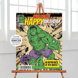 ハルクの誕生日ウェルカム サイン、編集可能なウェルカム サイン テンプレート、印刷可能なウェルカム ポスター、Canva 編集可能なポスター