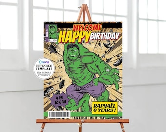 Hulk Birthday Welcome Sign, Editable Welcome Plaque Template, Printable Welcome Poster, Editable Canva Poster, birthday children card canva