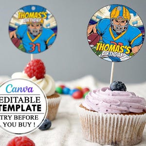 Plantilla de decoración de cupcakes de fútbol editable en canva, plantilla de cupcakes de fútbol editable en canva, etiqueta de cumpleaños para niños de fútbol