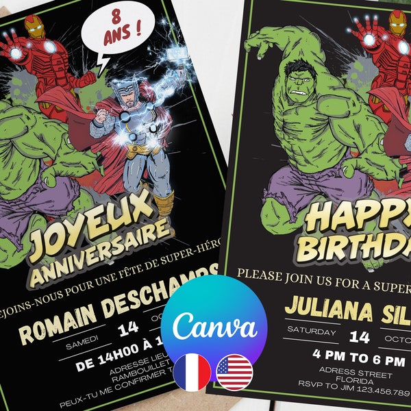 Faire-part, carton d'anniversaire Avengers modifiable / Invitation carte fête d'anniversaire d'enfants / Canva / Téléchargement / FR-EN