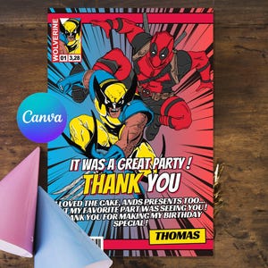 Carte de remerciement Deadpool Wolverine Modèle modifiable Canva Imprimable en téléchargement immédiat Thème d'anniversaire numérique Canva