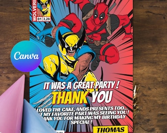 Deadpool Wolverine Thank You Card Editable Canva Template Printable Instant Download Digital Birthday Theme Canva kids party birthday
