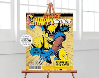 Wolverine Comics Birthday Welcome Sign, Editable Welcome Sign Template, Printable Welcome Poster, Editable Canva Poster, canva birthday sign