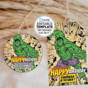 Modèle rond d'étiquette de faveur, étiquette ronde Hulk, étiquette carré Hulk, modifiable, téléchargement numérique instantané, canva