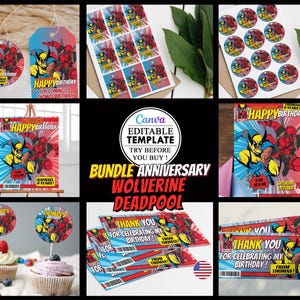 Paquete de cumpleaños de Wolverine y Deadpool, invitación de fiesta de cumpleaños infantil de Wolverine en lienzo editable, descarga digital