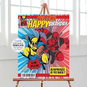 Deadpool birthday welcome sign, editable Deadpool welcome sign template, printable welcome poster, editable poster, birthday party wolverine