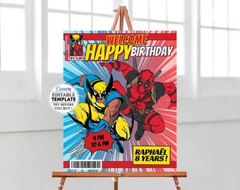 Deadpool birthday welcome sign, editable Deadpool welcome sign template, printable welcome poster, editable poster, birthday party wolverine