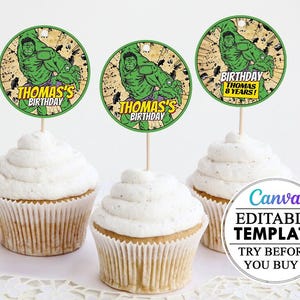 Hulk Cupcake décoration modèle modifiable canva enfants, Cupcake imprimable modifiable canva Hulk, étiquette anniversaire enfant Hulk enfant