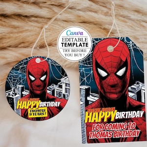 Bewerkbare Spiderman Gunst Tag Ronde Sjabloon, Spiderman Ronde Tag, Spiderman Vierkante Tag, Digitale Download