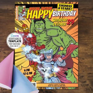 Carton anniversaire Avengers comics, invitation carte anniversaire d'enfants modifiable canva, téléchargement numérique, fête anniversaire