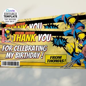 Carton anniversaire Wolverine Comics, invitation carte fête anniversaire d'enfants modifiable canva, téléchargement numérique, anniversaire