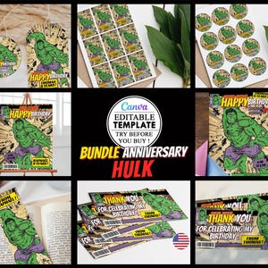 Pack Anniversaire Hulk, invitation carte fête d'anniversaire d'enfants modifiable canva, téléchargement numérique, fête anniversaire enfants