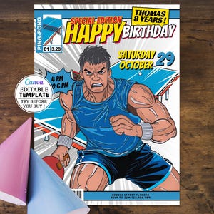 Carton anniversaire Sport Ping-pong, invitation carte fête d'anniversaire d'enfants modifiable canva, téléchargement numérique, anniversaire
