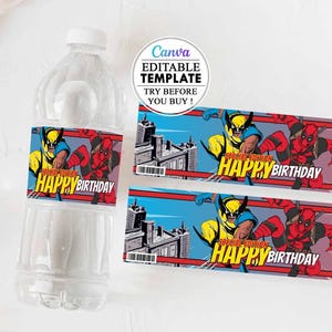 Etichetta per bottiglia d'acqua di compleanno di Wolverine Deadpool, etichetta per bottiglia d'acqua di Wolverine Deadpool, compleanno di Wolverine Deadpool