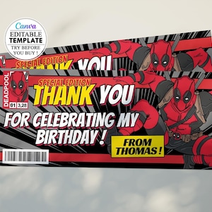 Deadpool Comics Birthday Card, Editable Kids Birthday Party Card Invitation Canva, Digital Download, Birthday, kids party Deadpool card