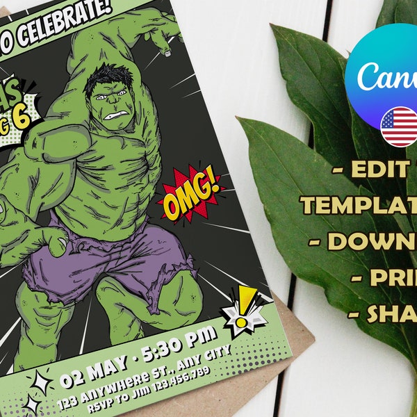 Carton d'anniversaire Hulk, invitation carte fête d'anniversaire d'enfants, modifiable canva, téléchargement numérique, fête d'anniversaire