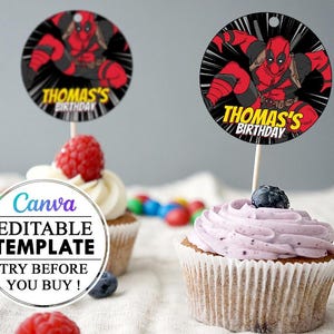 Deadpool Cupcake décoration modèle modifiable canva, Cupcake imprimable modifiable canva Deadpool, étiquette anniversaire enfant Deadpool