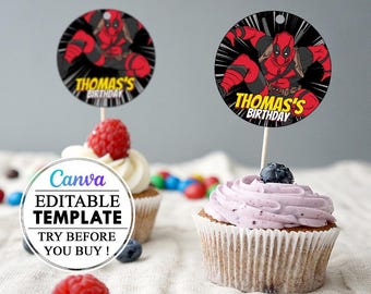 Deadpool Cupcake Topper template editable canva kids party, Cupcake printable editable canva Deadpool, label birthday child Deadpool