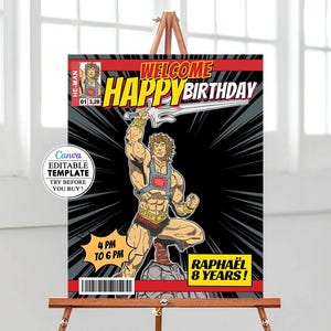 Panneau bienvenue anniversaire He-Man, modèle de plaque de bienvenue modifiable, poster de bienvenue imprimable, poster modifiable canva