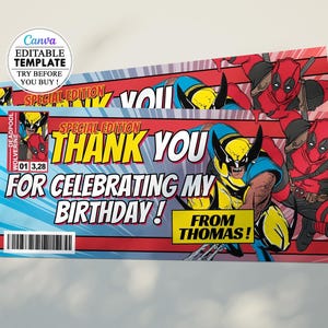 Tarjeta de agradecimiento de cumpleaños de Wolverine y Deadpool, tarjeta de invitación editable para fiesta de cumpleaños de niños en Canva, descarga digital