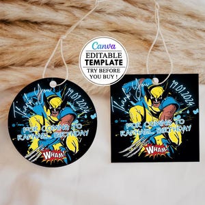 Plantilla de etiqueta de favor redonda, etiqueta redonda de Wolverine, etiqueta cuadrada de Wolverine, editable, descarga digital instantánea