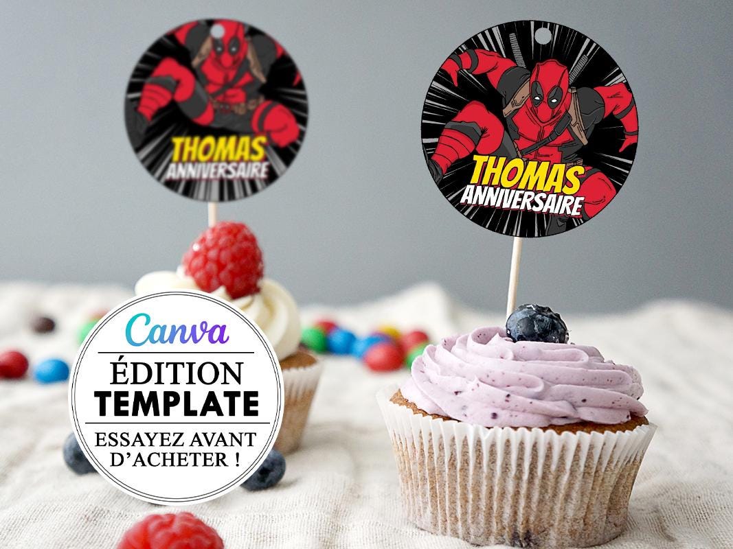 Deadpool Cupcake Topper Template Editable Canva Kids Party, Cupcake ...
