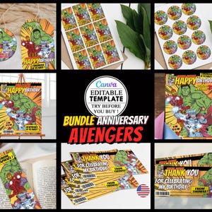 Pack Anniversaire Avengers, invitation carte fête d'anniversaire d'enfants modifiable canva, téléchargement numérique, fête anniversaire