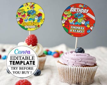Building Blocks Cupcake Decoration Template Editable Canva, Cupcake Printable Editable Canva, Birthday Building Blocks kids party birthday