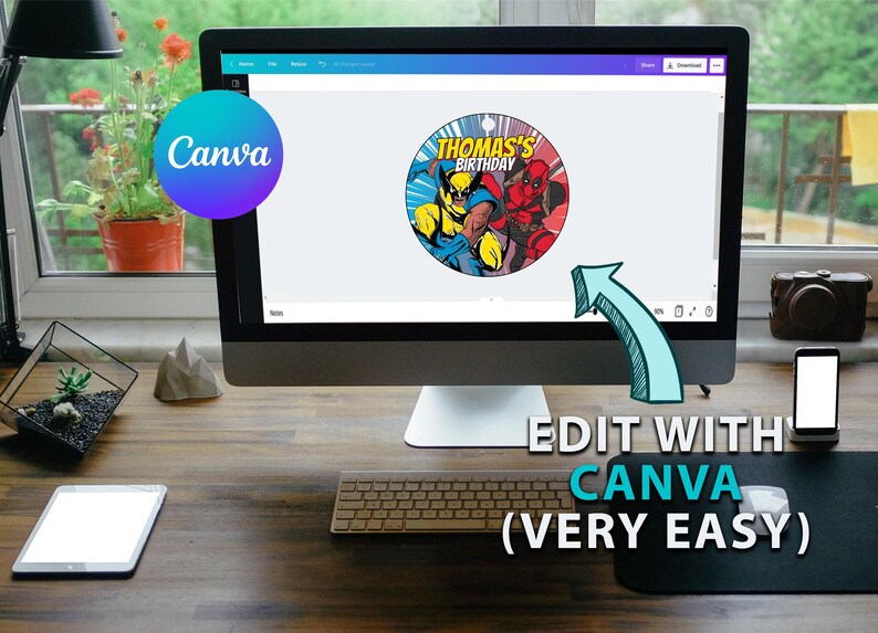 May include: A computer screen displaying a design for a round birthday party favor with a superhero theme. The design features Wolverine and Deadpool. The text on the favor reads "Thomas's Birthday". The text "Edit with Canva (Very Easy)" is displayed below the computer screen.