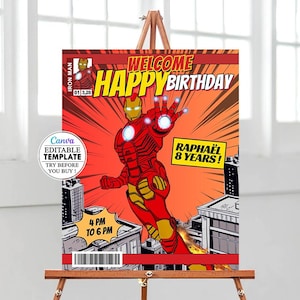 May include: A red and yellow comic book style birthday party invitation featuring Iron Man. The invitation says "Welcome Happy Birthday" and "Raphael 8 Years!" with a time of 4 PM to 6 PM.