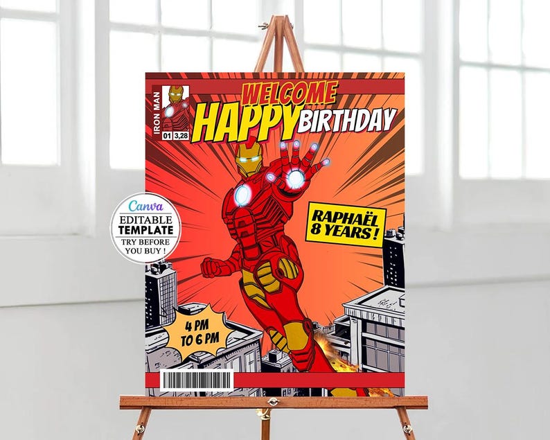 May include: A red and yellow comic book style birthday party invitation featuring Iron Man. The invitation says "Welcome Happy Birthday" and "Raphael 8 Years!" with a time of 4 PM to 6 PM.