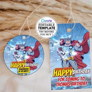 Modèle rond d'étiquette de faveur, étiquette ronde Thor, étiquette carré Thor, modifiable, téléchargement numérique instantané enfants