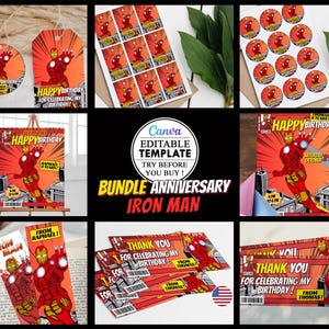 Paquete de cumpleaños de Iron Man, invitación de fiesta de cumpleaños infantil editable en lienzo, descarga digital, fiesta de cumpleaños
