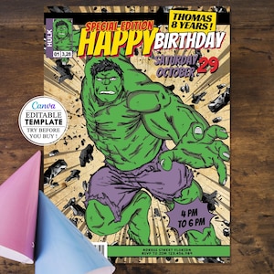 Carton anniversaire Hulk comics, invitation carte anniversaire d'enfants modifiable canva, téléchargement numérique, fête anniversaire canva