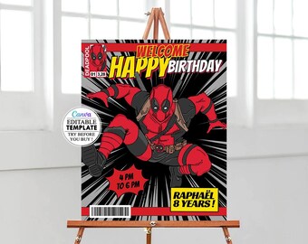 Deadpool birthday welcome sign, editable Deadpool welcome sign template, printable welcome poster, editable poster, deadpool birthday kids
