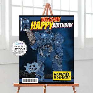Cartello di benvenuto per compleanno Marine Starcraft, modello di targa di benvenuto modificabile, poster di benvenuto Marine Starcraft stampabile