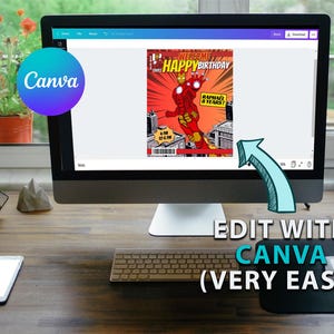 May include: A computer screen displaying a comic book style birthday invitation featuring a red and gold superhero character. The invitation is titled "Welcome Happy Birthday" and includes the text "Raphael 8 Years!" The screen is open in the Canva design program. The text "Edit with Canva (Very Easy)" is written in a blue speech bubble.